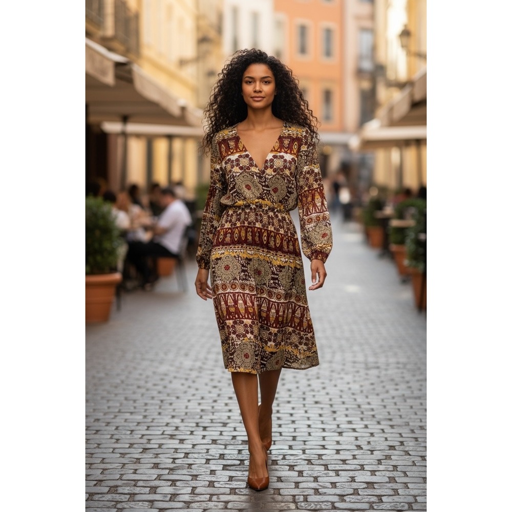 Peppermint Women's Bohemian Print Long Sleeve Wrap Dress Size L